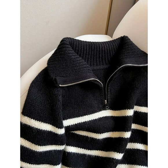 Striped Color Block Collared Half-Zip Knit Sweater - Picture 3 of 5